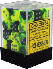 CHESSEX - GEMINI 36D6 GREEN-YELLOW/SILVER 12MM